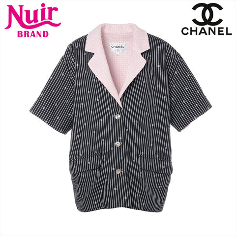 CHANEL Size: 42 2022 Stainless Steel Tweed Stripe Jacket P70675 Black x Pink Jacket black WS15555