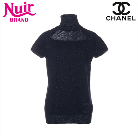 CHANEL 09A Size:38 Lame Cashmere Blend Wool Short Sleeve knit Navy WS15563