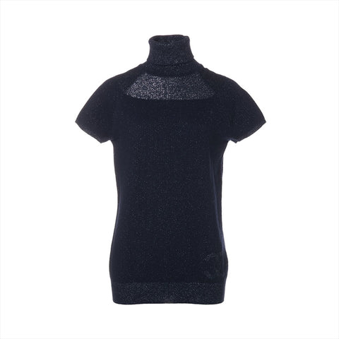 CHANEL 09A Size:38 Lame Cashmere Blend Wool Short Sleeve knit Navy WS15563