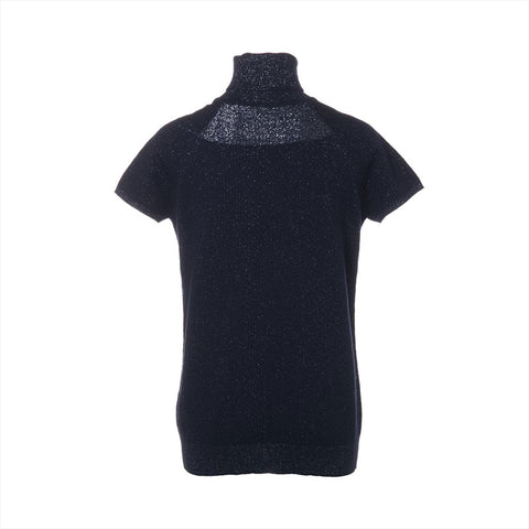 CHANEL 09A Size:38 Lame Cashmere Blend Wool Short Sleeve knit Navy WS15563