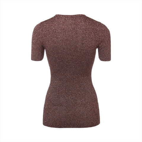 CHANEL 96A Size:34 Lamé Short Sleeve Rayon Short sleeve T-shirt Brown WS15565