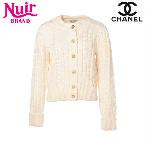 CHANEL Size: 36 Wool knit pearl cable knit cardigan Ivory WS15567