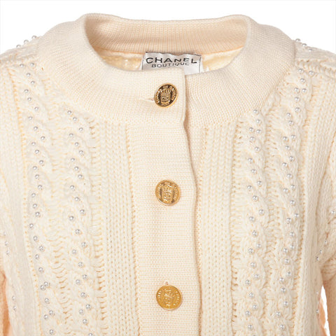 CHANEL Size: 36 Wool knit pearl cable knit cardigan Ivory WS15567