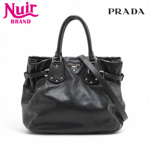 PRADA Soft Calfskin Leather 2way SilverMetal Tote Bag black WS15599