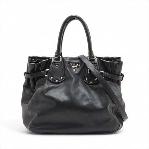 PRADA Soft Calfskin Leather 2way SilverMetal Tote Bag black WS15599