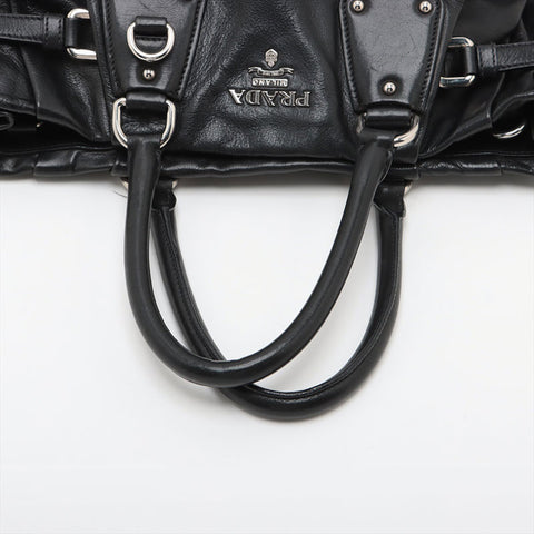 PRADA Soft Calfskin Leather 2way SilverMetal Tote Bag black WS15599