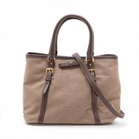 PRADA Jacquard 2way logo Tote Bag beige WS15619