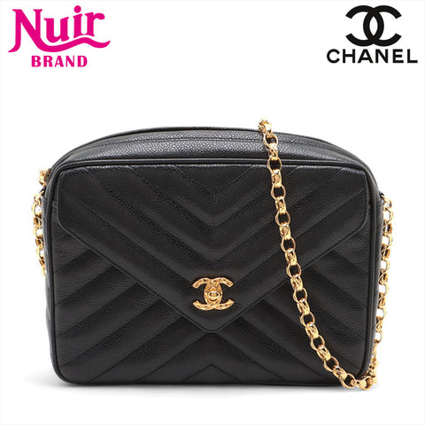 CHANEL No. 2 Caviar Skin Chevron COCO Mark 1993-1994 Shoulder Bag black WS15671
