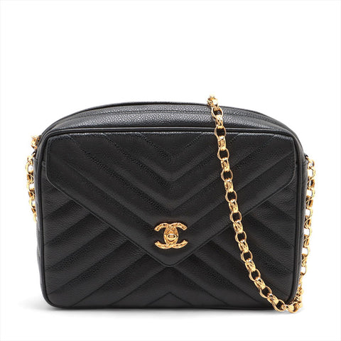 CHANEL No. 2 Caviar Skin Chevron COCO Mark 1993-1994 Shoulder Bag black WS15671