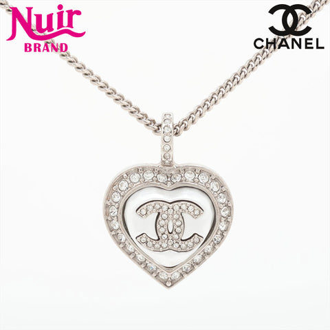 CHANEL B23B 2023 COCO Mark Pearl Heart Rhinestone Necklace Silver WS15739