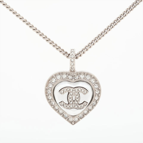 CHANEL B23B 2023 COCO Mark Pearl Heart Rhinestone Necklace Silver WS15739