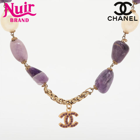 CHANEL 1970-1980s Stone Long COCO Mark Necklace purple WS15756