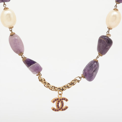 CHANEL 1970-1980s Stone Long COCO Mark Necklace purple WS15756