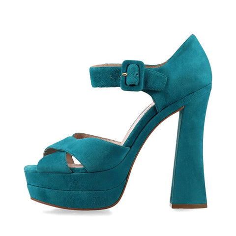 極美品 ミュウ ミュウ Miu Miu Size:38.5 厚底 スエード オープントゥ サンダル ブルーグリーン WS15779