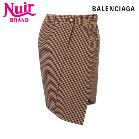 BALENCIAGA Size: 34 Checked Tight Asymmetrical Logo Button Wool 2019 skirt beige WS15782