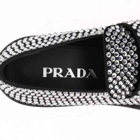 PRADA Rhinestone Triangle Logo Size:37.5 loafers black WS15875