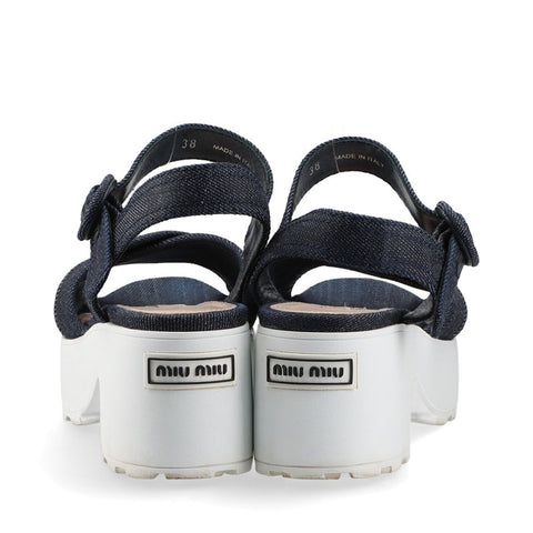 ミュウ ミュウ Miu Miu デニム 厚底 ロゴ Size:38 スポーツ サンダル ネイビー WS15877