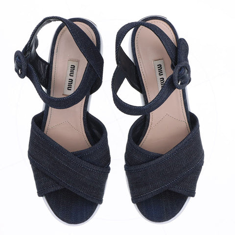 ミュウ ミュウ Miu Miu デニム 厚底 ロゴ Size:38 スポーツ サンダル ネイビー WS15877