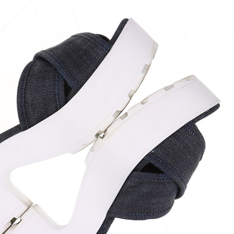 ミュウ ミュウ Miu Miu デニム 厚底 ロゴ Size:38 スポーツ サンダル ネイビー WS15877