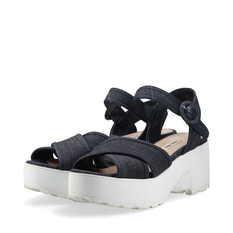 ミュウ ミュウ Miu Miu デニム 厚底 ロゴ Size:38 スポーツ サンダル ネイビー WS15877