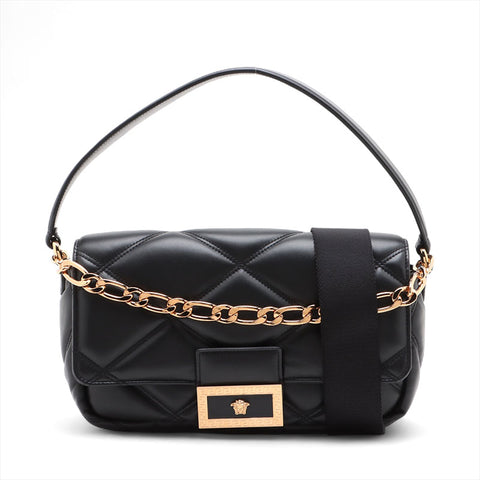 VERSACE Leather Greca Frame Matelasse Chain Padded Shoulder Bag black WS15906