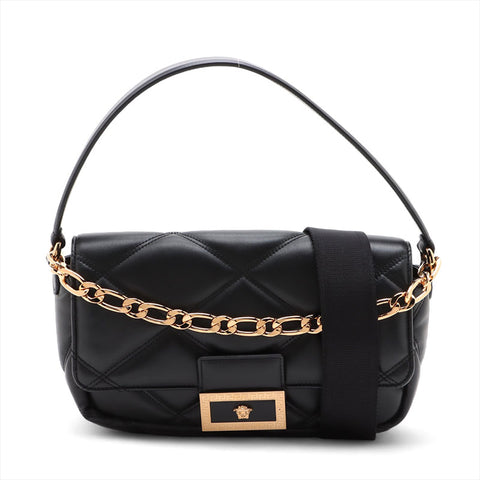 VERSACE Leather Greca Frame Matelasse Chain Padded Shoulder Bag black WS15910