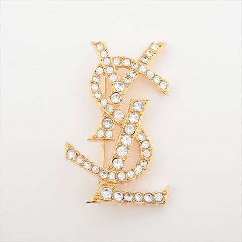 イヴ・サンローラン YVES SAINT LAURENT ロゴ ラインストーン ブローチ ゴールド WS15929