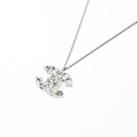 CHANEL Heart COCO Mark Rhinestone Necklace Silver WS15942