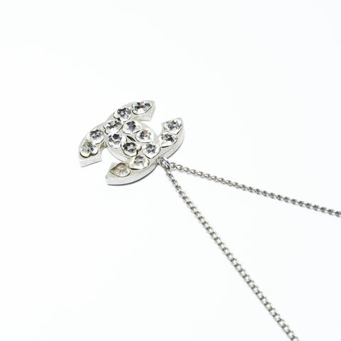 CHANEL Heart COCO Mark Rhinestone Necklace Silver WS15942