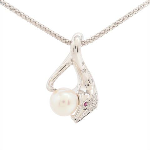 BOUCHERON 18K White Gold Snake with Pearl and Diamonds Necklace Silver WS16043