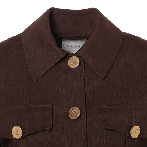 CELINE Linen Blend Triomphe Button Skirt Size 36 Set suit Brown WS16100