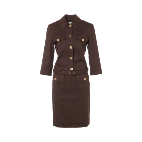 CELINE Linen Blend Triomphe Button Skirt Size 36 Set suit Brown WS16100