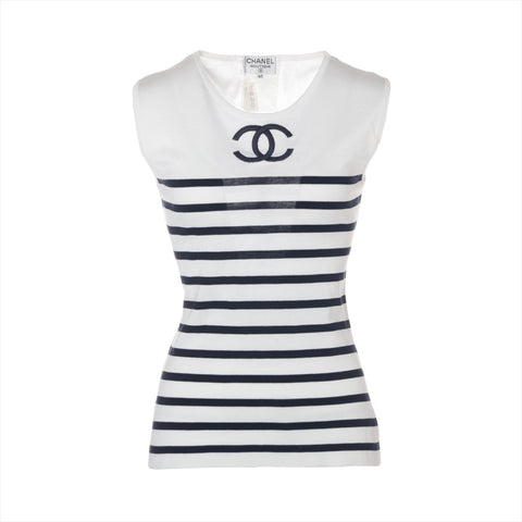 CHANEL 1995 38 Striped Sleeveless Cotton Knit COCO Mark Tank top white WS16109