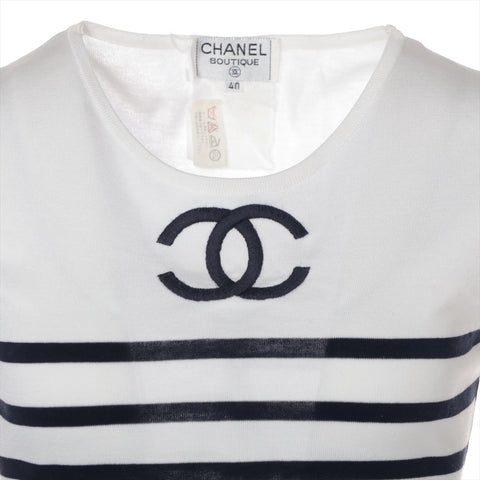 CHANEL 1995 38 Striped Sleeveless Cotton Knit COCO Mark Tank top white WS16109