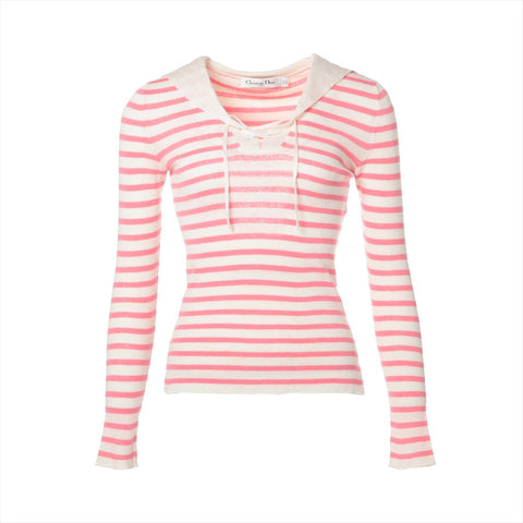 Christian Dior 34 Border Linen Silk Summer Knit Long sleeve shirt Pink x White WS16123