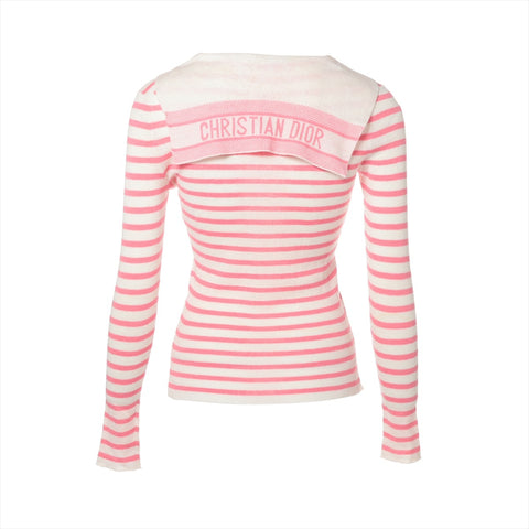 Christian Dior 34 Border Linen Silk Summer Knit Long sleeve shirt Pink x White WS16123