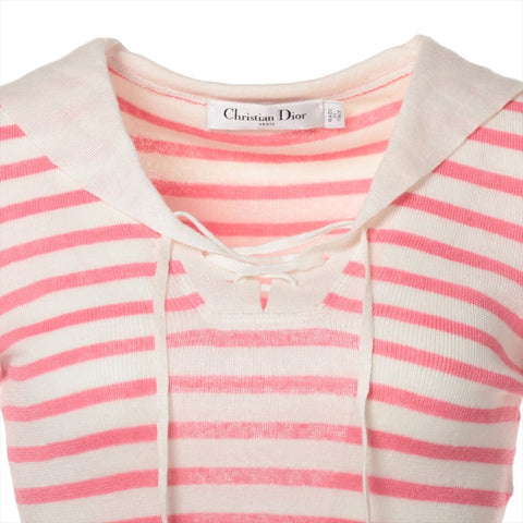 Christian Dior 34 Border Linen Silk Summer Knit Long sleeve shirt Pink x White WS16123