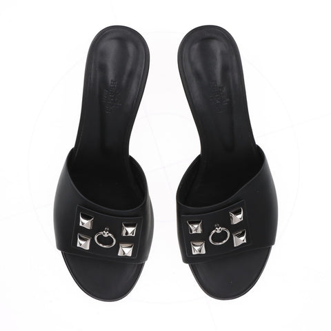 HERMES Dreamy Heel Leather Size:39 Sandals leather black WS16155
