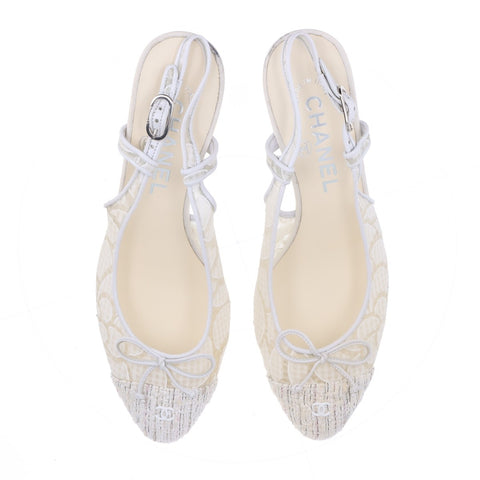 CHANEL Tweed Heel COCO Mark Size:35.5 8.9" pumps Ivory WS16161