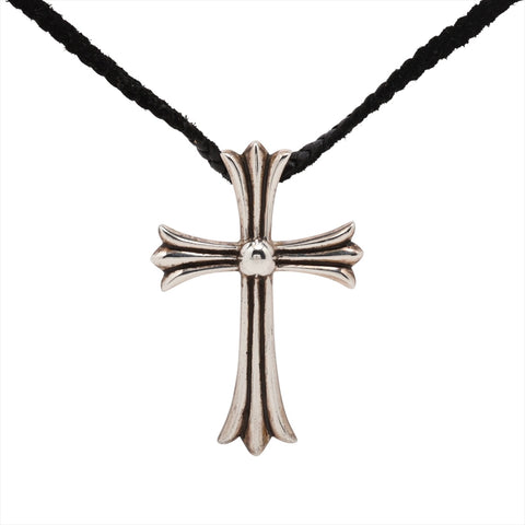 CHROME HEARTS Bale Cross Leather Braid Pendant Top Necklace Silver WS16186