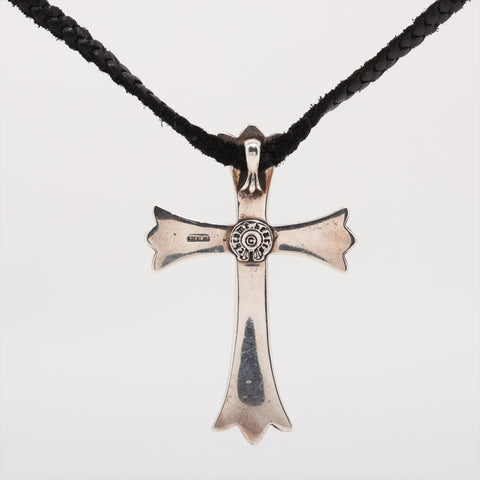 CHROME HEARTS Bale Cross Leather Braid Pendant Top Necklace Silver WS16186