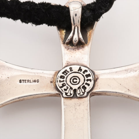 CHROME HEARTS Bale Cross Leather Braid Pendant Top Necklace Silver WS16186