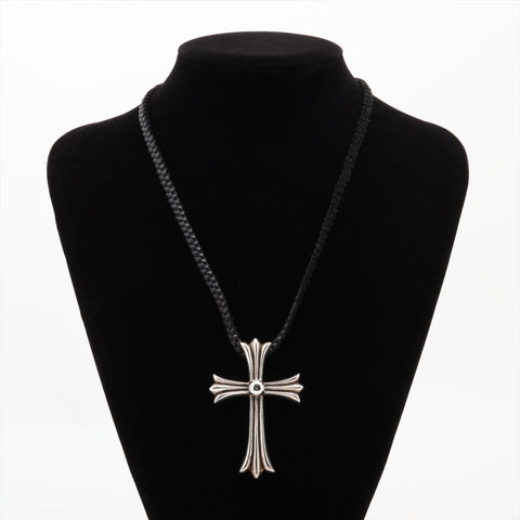 CHROME HEARTS Bale Cross Leather Braid Pendant Top Necklace Silver WS16186