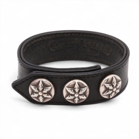 CHROME HEARTS Leather Cross Ball 3 Button 2 Snap Leather Bangle bracelet black WS16187