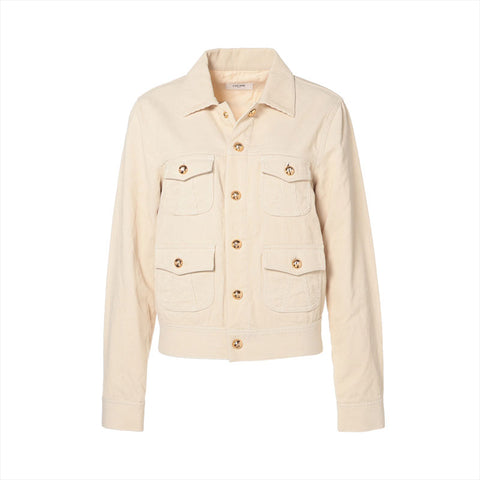 CELINE S Corduroy Triomphe Button Jacket Ivory WS16207