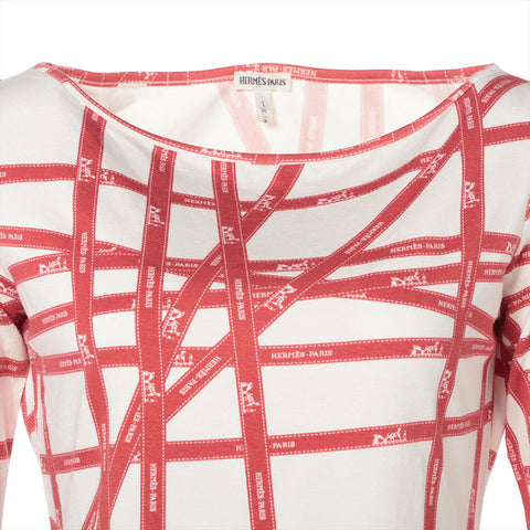 HERMES Large Ribbon Tie, Margiela Period, Rayon Long-sleeved T-shirt Red x white WS16215