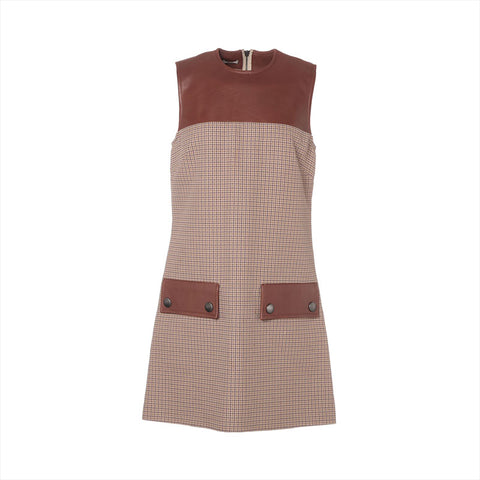 Miu Miu 2014 All-over Print Sleeveless Wool and Leather Shirt Size 40 one piece Brown WS16223