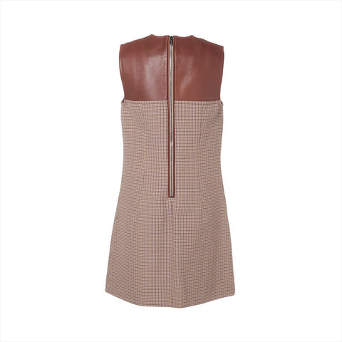 Miu Miu 2014 All-over Print Sleeveless Wool and Leather Shirt Size 40 one piece Brown WS16223
