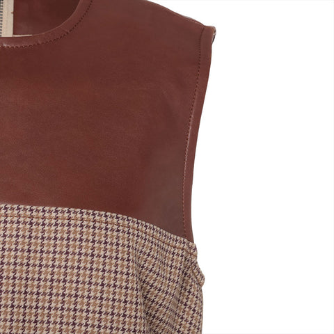 Miu Miu 2014 All-over Print Sleeveless Wool and Leather Shirt Size 40 one piece Brown WS16223