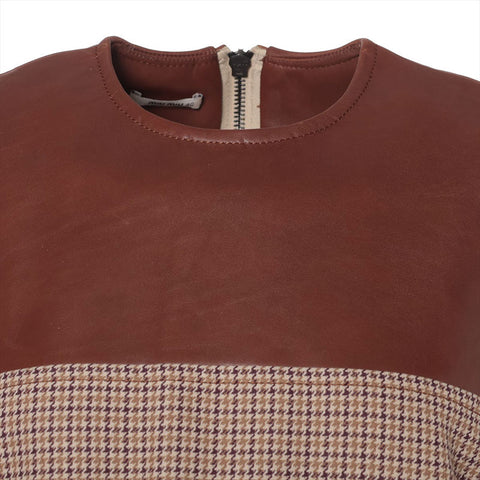 Miu Miu 2014 All-over Print Sleeveless Wool and Leather Shirt Size 40 one piece Brown WS16223